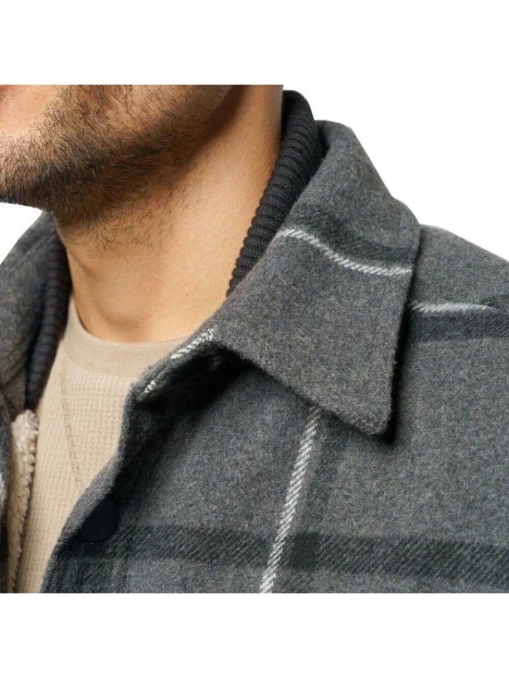 Jachs New York Men's L Plaid Sherpa-Lined Jacket Black Gray Wool Blend Jck258 - Picture 3 of 12
